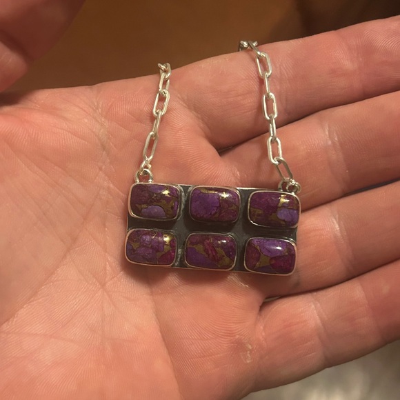 STERLING SILVER NATIVE AMERICAN SW PURPLE MOJAVE TURQUOISE BAR NECKLACE .925 - Picture 1 of 10